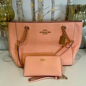 Coach peach and gold leather tote and wallet
